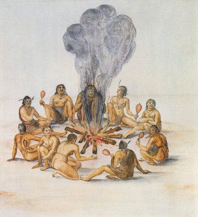 Indianer um ein Feuer von John White